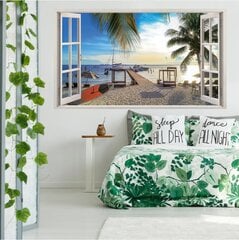 Vinüülseinakleebis 3D aken merevaatega palmipuude ja paatidega – 130 x 80 cm hind ja info | Seinakleebised | kaup24.ee