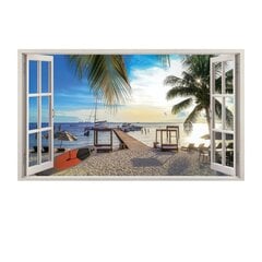 Vinüülseinakleebis 3D aken merevaatega palmipuude ja paatidega – 130 x 80 cm hind ja info | Seinakleebised | kaup24.ee