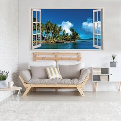 Vinüülseinakleebis 3D aken saaremaastikuga palmipuudega – 130 x 80 cm hind ja info | Seinakleebised | kaup24.ee