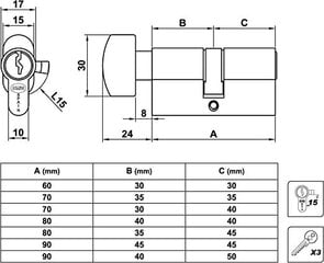Silinder korgiga 9500, 35+35=70mm, kroomitud, matt цена и информация | Дверные замки | kaup24.ee