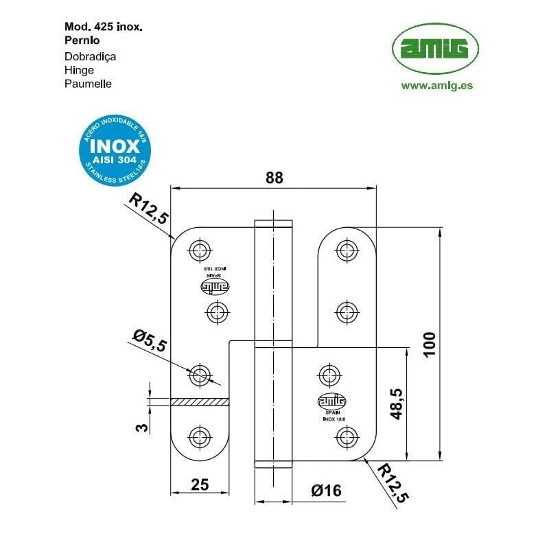 Hing 425, 100x88mm, D-vasak, messing hind ja info | Ukse hinged, tarvikud | kaup24.ee