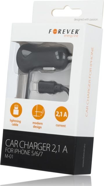 Forever M-02 2.1A (12V / 24V) Car Charger + Lightning Cable 1.2m Black цена и информация | Mobiiltelefonide laadijad | kaup24.ee