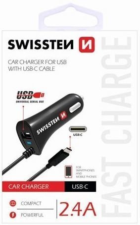 Swissten Premium Car charger 12 / 24V / 2.4A + non-detachable USB-C Data Cable 100 cm Black цена и информация | Mobiiltelefonide laadijad | kaup24.ee