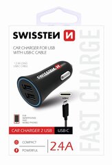 Swissten Premium Car charger 12 / 24V / 1A + 2.1A + USB-C Data Cable 100 cm Black hind ja info | Mobiiltelefonide laadijad | kaup24.ee