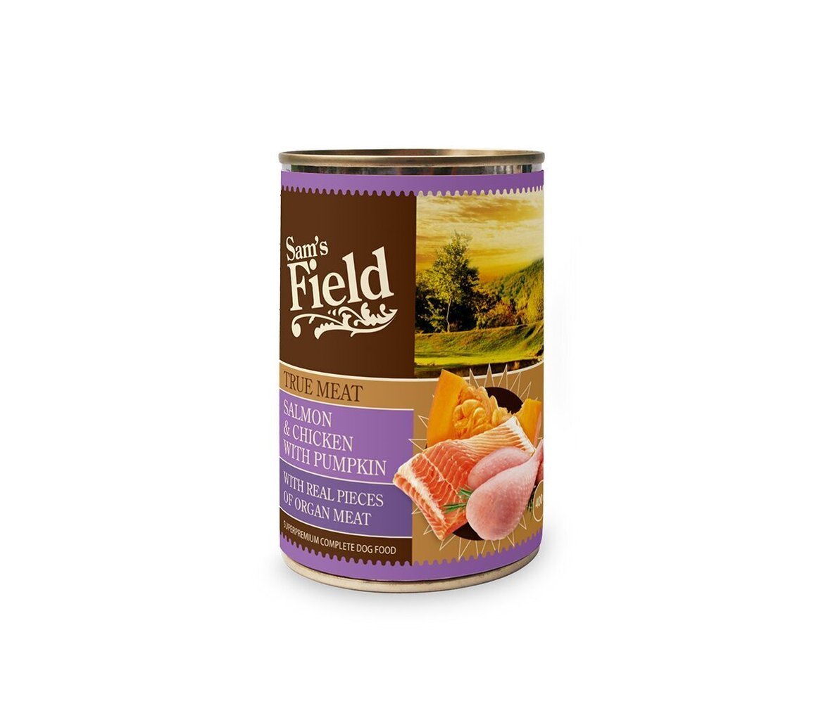 Sam's Field Salmon & Chicken with Pumpkin konserv koertele 400g hind ja info | Konservid koertele | kaup24.ee