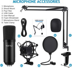 Yotto Professional USB -конденсатор микрофон комплект 192 кГц / 24bit PC Microphone с микрофоном Microphone Pop защита для записей, радио цена и информация | Микрофоны | kaup24.ee