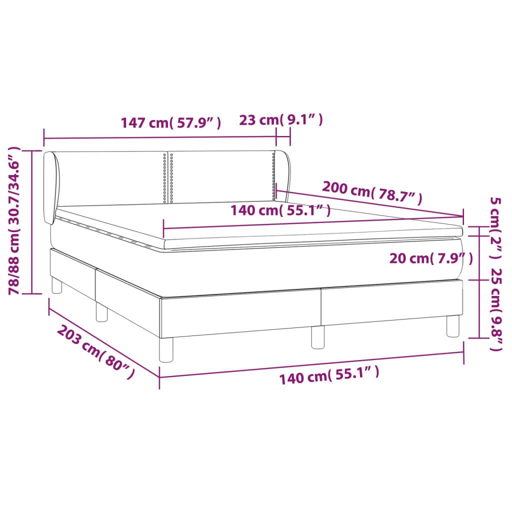 vidaXL kontinentaalvoodi madratsiga, must, 140x200 cm, samet цена и информация | Voodid | kaup24.ee