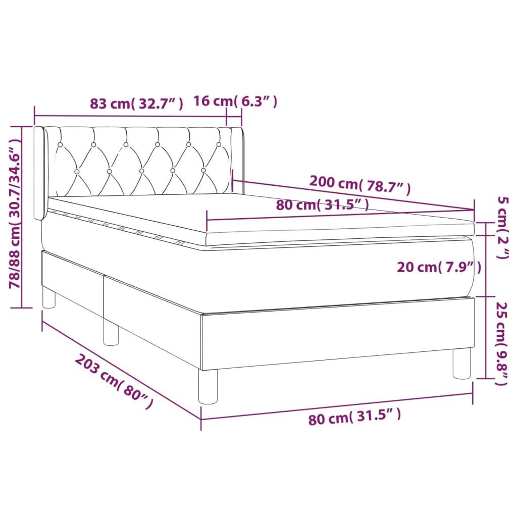 vidaXL kontinentaalvoodi madratsiga, roosa, 80x200 cm, samet hind ja info | Voodid | kaup24.ee