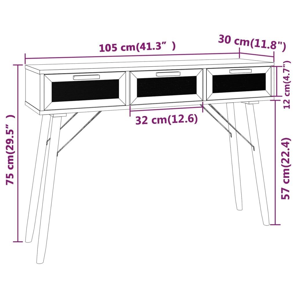 vidaXL konsoollaud, valge, 105x30x75 cm, männipuit/naturaalne rotang hind ja info | Konsoollauad | kaup24.ee