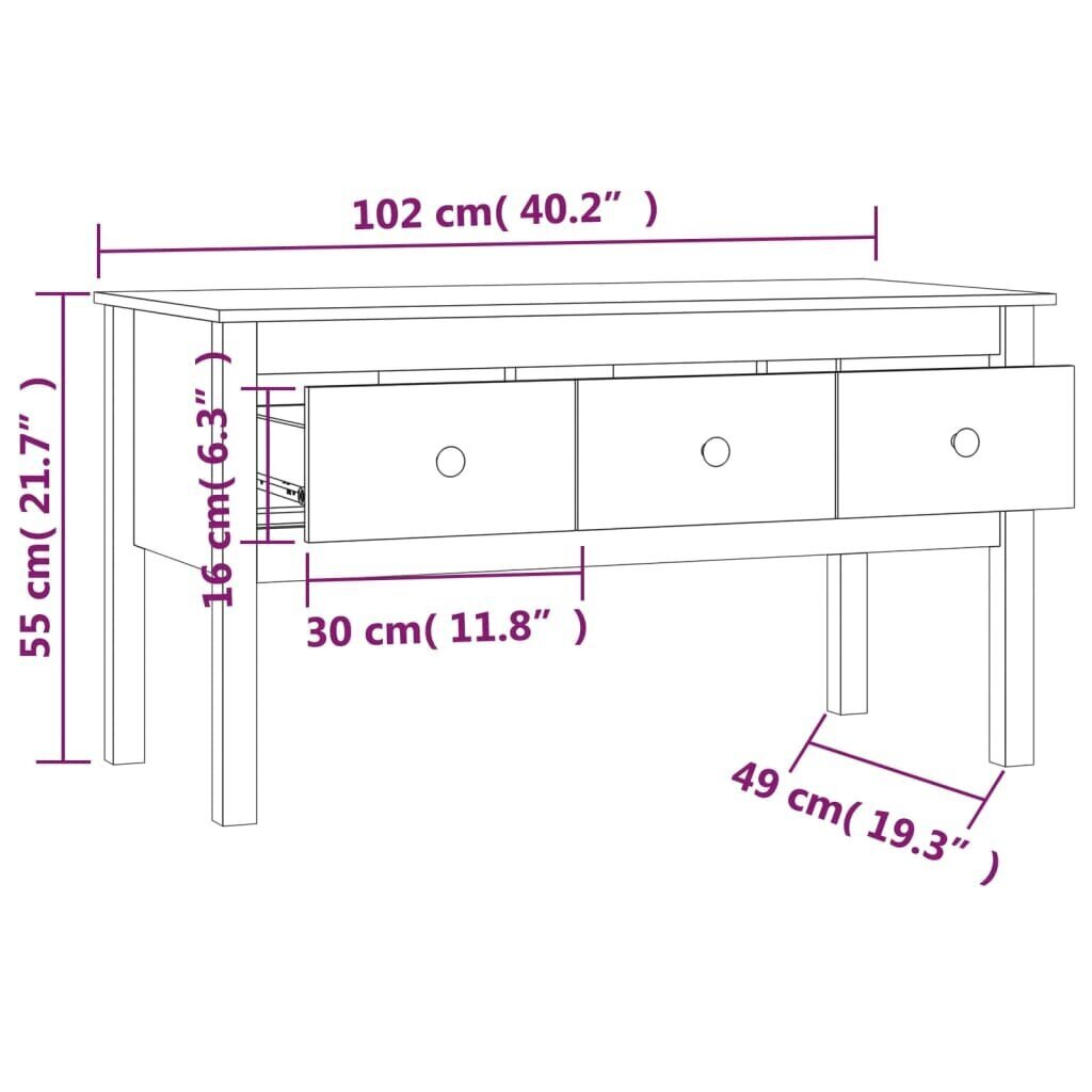 vidaXL kohvilaud, hall, 102 x 49 x 55 cm, männipuit hind ja info | Diivanilauad | kaup24.ee