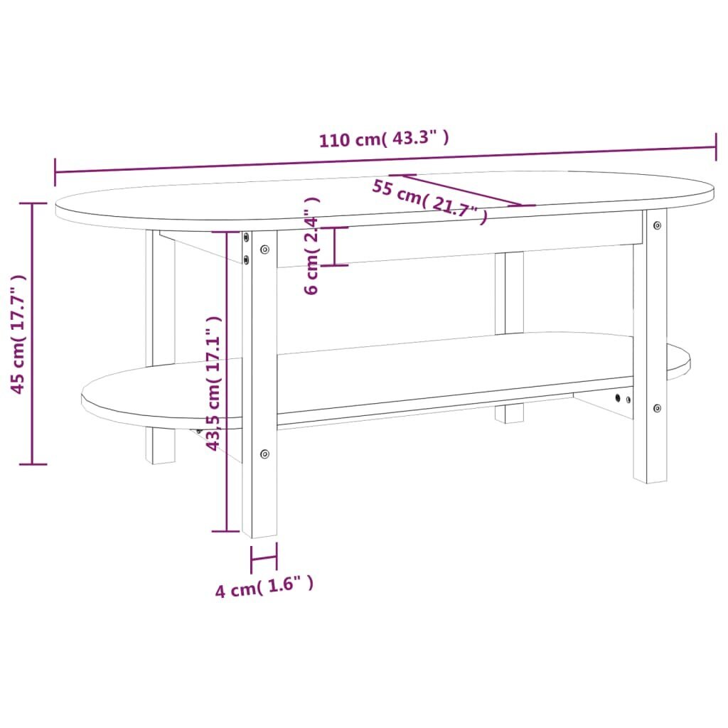 vidaXL kohvilaud, 110 x 55 x 45 cm, männipuit hind ja info | Diivanilauad | kaup24.ee