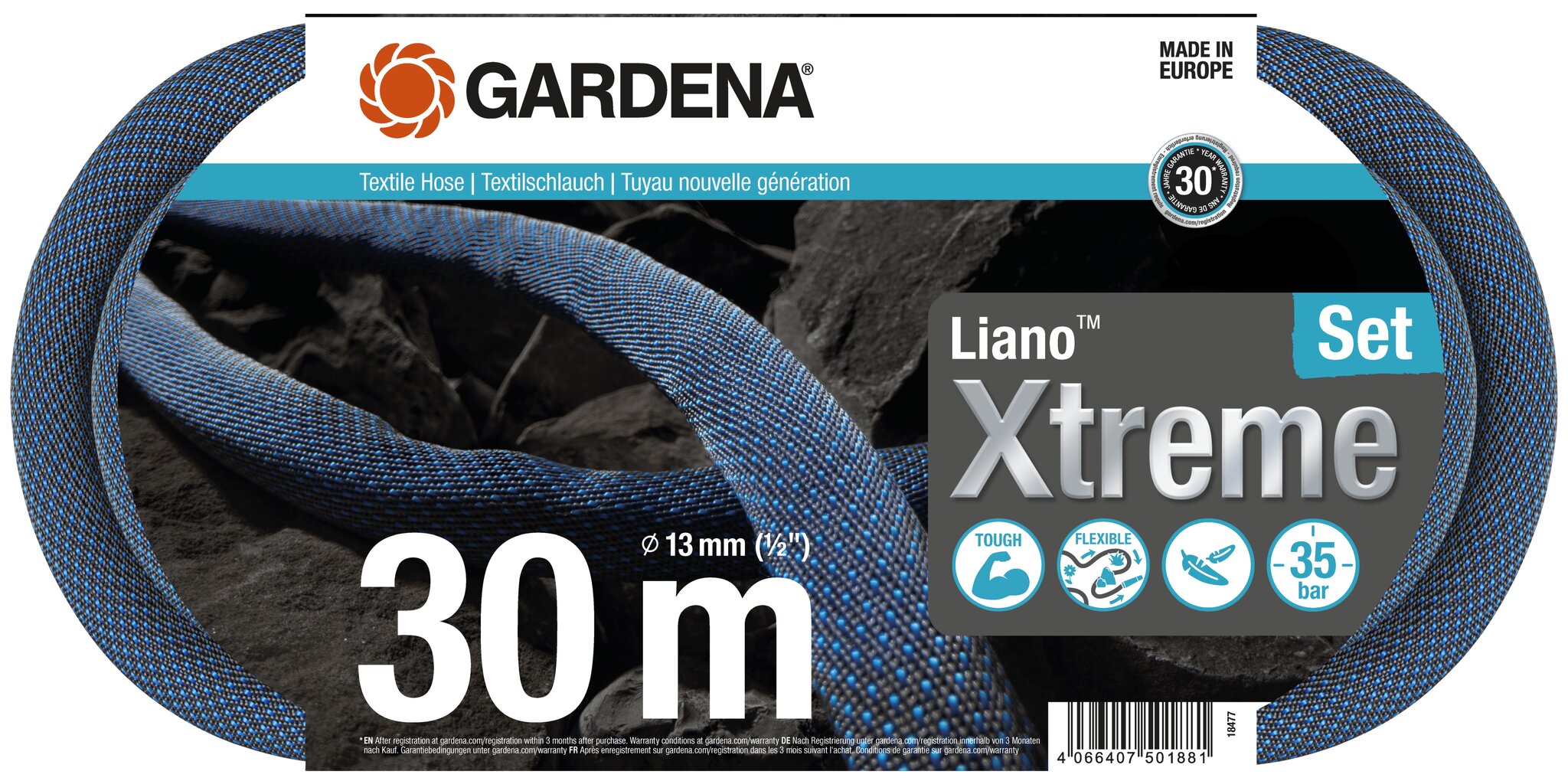 Tekstiilvooliku komplekt Gardena Liano Xtreme, 30 m hind ja info | Kastekannud, voolikud, niisutus | kaup24.ee