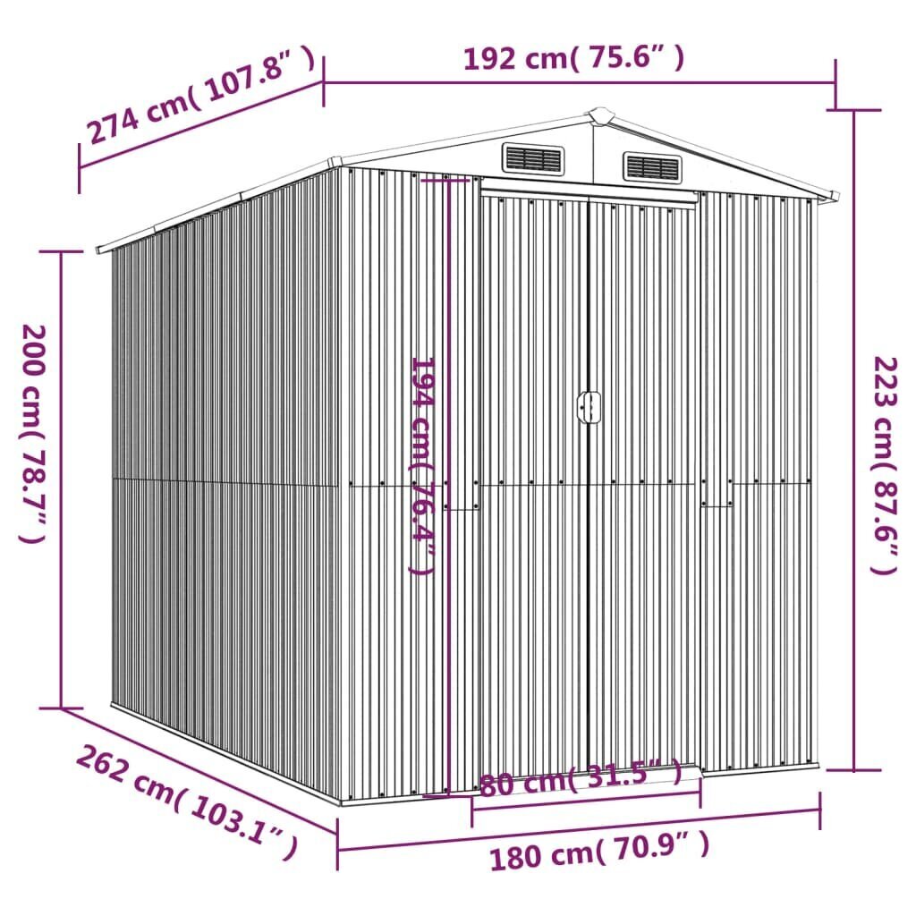 vidaXL aiakuur, helehall, 192x274x223 cm, tsingitud teras hind ja info | Kuurid ja aiamajad | kaup24.ee