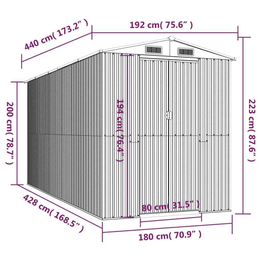 vidaXL aiakuur, helehall, 192x440x223 cm, tsingitud teras hind ja info | Kuurid ja aiamajad | kaup24.ee