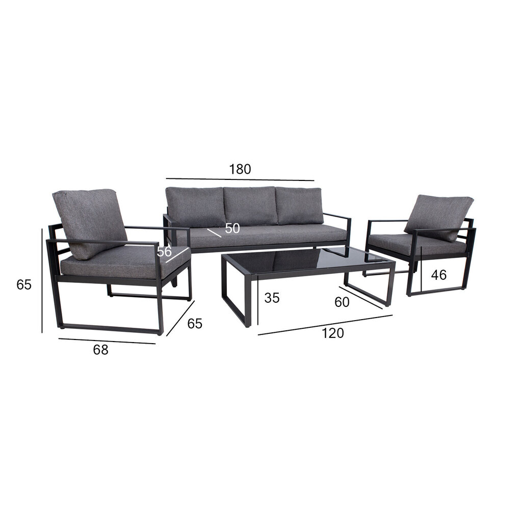 Komplekt LEIPZIG diivan 180x68xH65cm, 2 tooli 65x68xH65cm, laud 120x60xH35cm, teras, klaas, polüesterkangas hind ja info | Aiamööbli komplektid | kaup24.ee