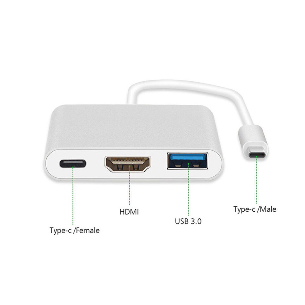 Adapter - C-tüüpi HDMI 4K*2K, USB, C-tüüpi USB - metallist 0,25 meetrit valge hind ja info | USB jagajad, adapterid | kaup24.ee