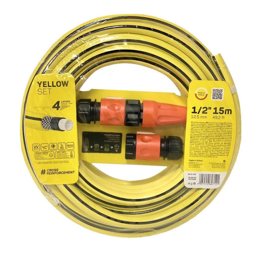 Kastmisvoolik Cellfast Yellow 15 m 1/2" + otsikute komplekt hind ja info | Kastekannud, voolikud, niisutus | kaup24.ee