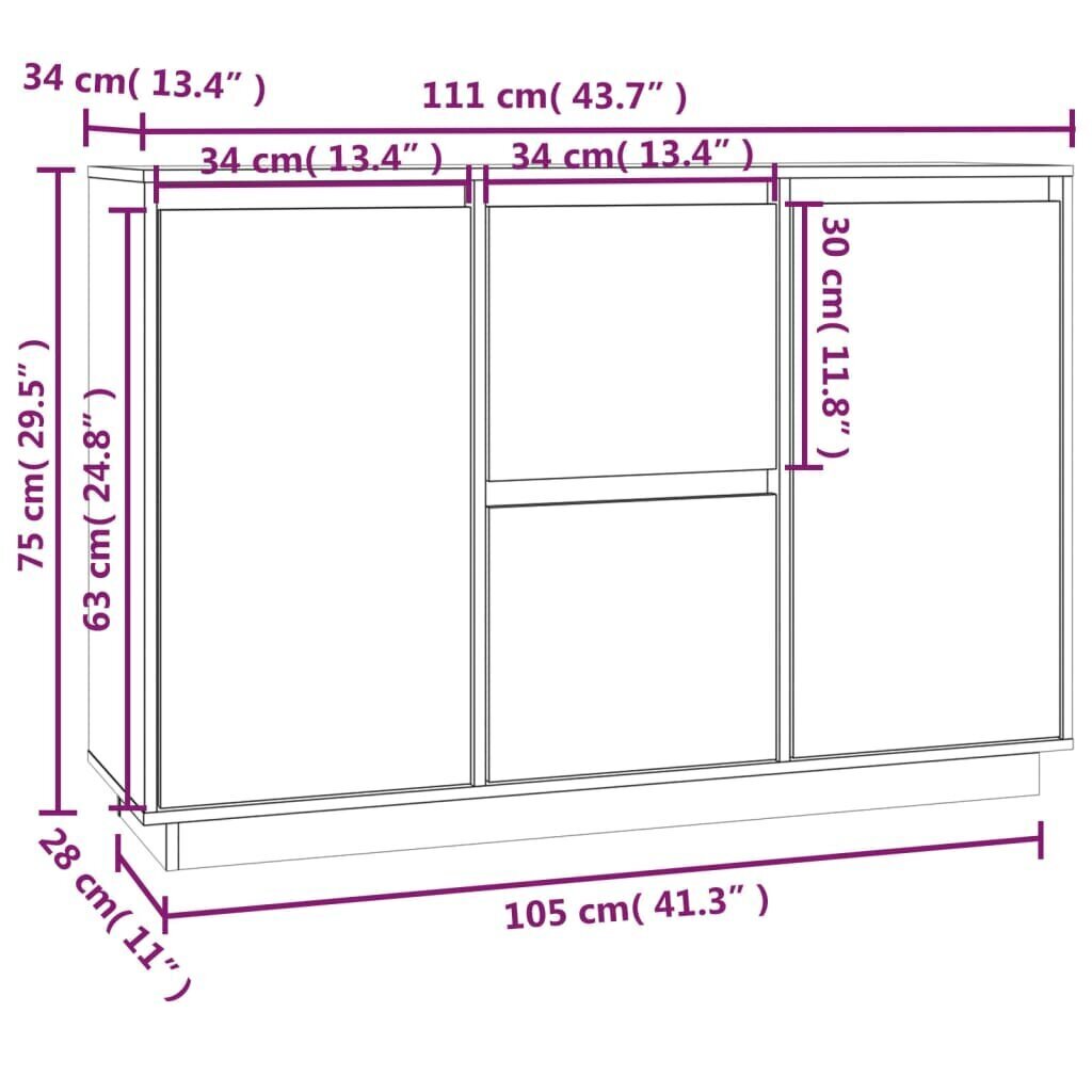 vidaXL puhvetkapp, hall, 111 x 34 x 75 cm, männipuit hind ja info | Elutoa väikesed kapid | kaup24.ee