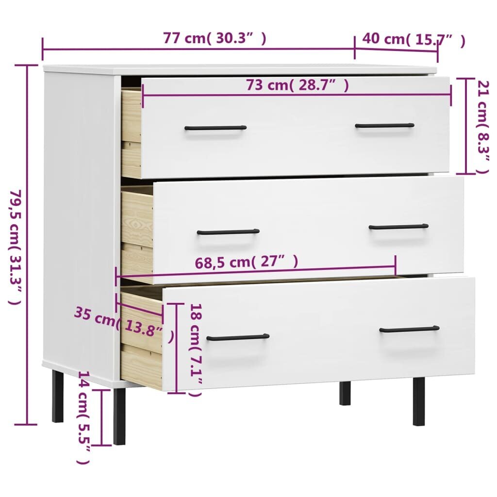 vidaXL 3 sahtliga puhvetkapp, valge, 77x40x79,5 cm täispuidust, OSLO цена и информация | Elutoa väikesed kapid | kaup24.ee