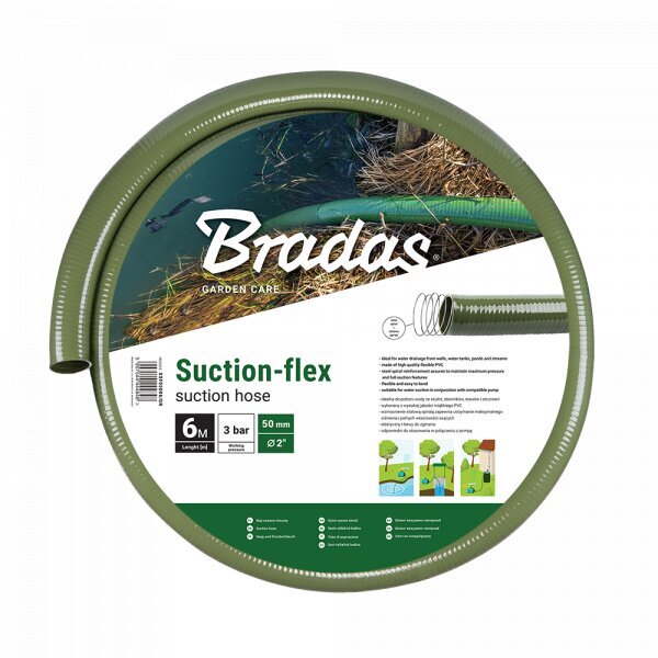 Voolik Bradas Suction-FLEX koos terasest spiraaliga, 50 mm, 6 m, roheline hind ja info | Kastekannud, voolikud, niisutus | kaup24.ee