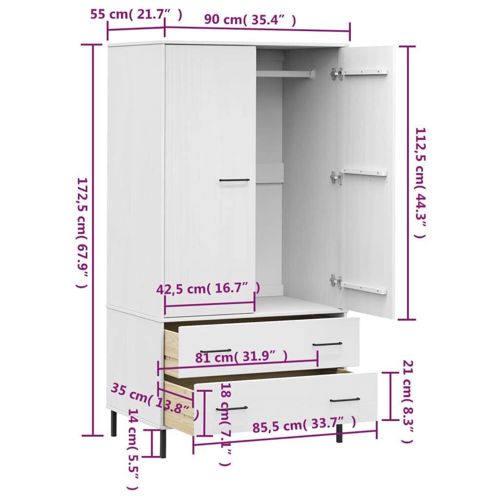 vidaXL riidekapp metalljalgadega, valge, 90x55x172,5cm täispuit "OSLO" цена и информация | Kapid | kaup24.ee