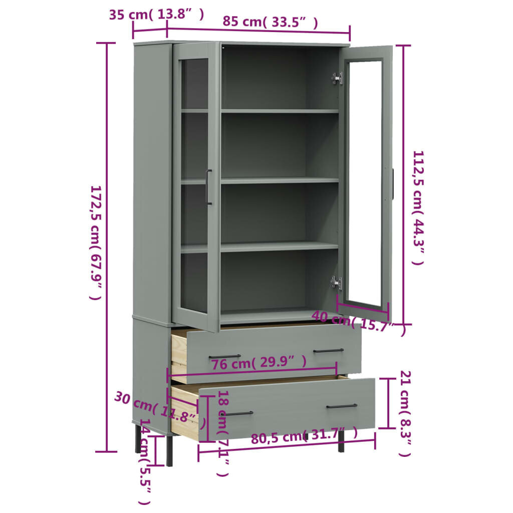 vidaXL raamatukapp metalljalgadega hall 85x35x172,5 cm täispuit "OSLO" цена и информация | Kapid | kaup24.ee