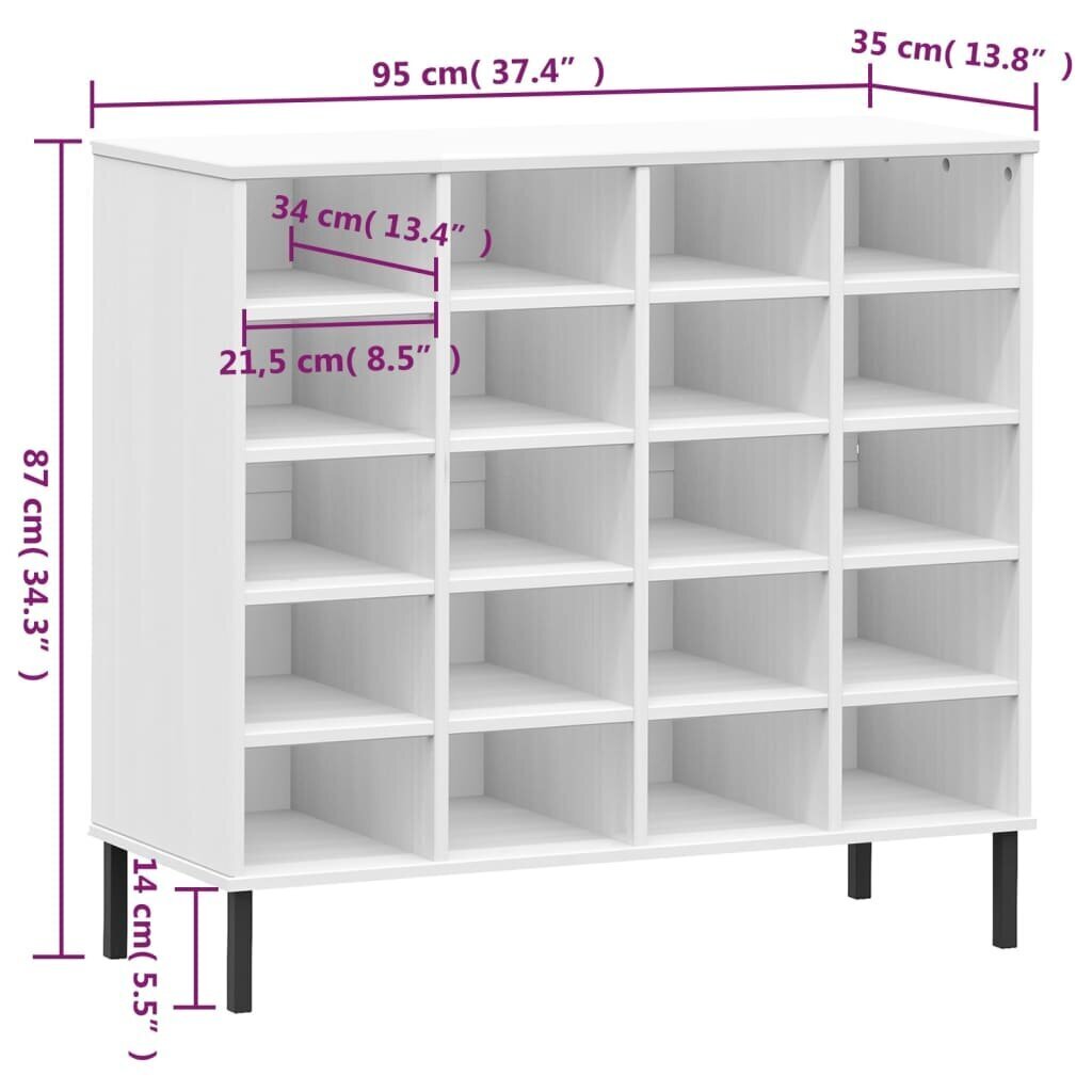 vidaXL kingariiul metalljalgadega, valge, 95x35x87 cm, täispuit "OSLO" hind ja info | Jalatsikapid, jalatsiriiulid | kaup24.ee