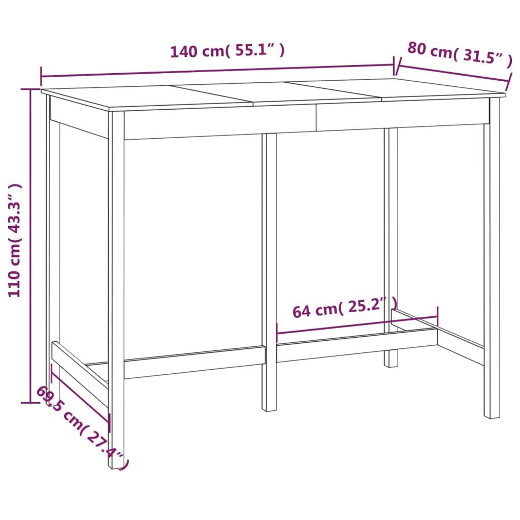 Baarilaud vidaXL, täismännipuit, 140 x 80 x 110 cm, meepruun hind ja info | Köögi- ja söögilauad | kaup24.ee