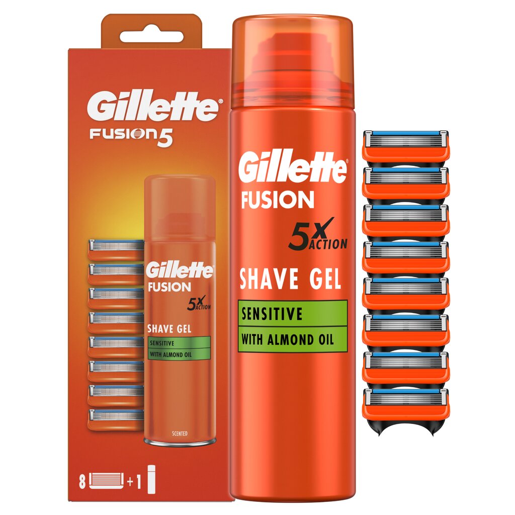 Gillette Fusion Raseerija Varuterad 8 tk + Fusion 5 Ultra Sensitive Raseerimisgeel цена и информация | Raseerimisvahendid | kaup24.ee