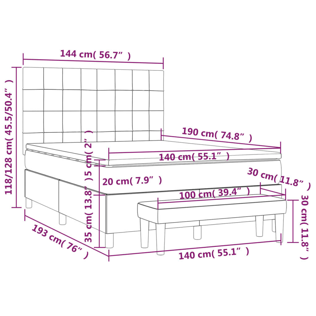 vidaXL kontinentaalvoodi madratsiga, pruunikashall, 140x190 cm, kangas hind ja info | Voodid | kaup24.ee