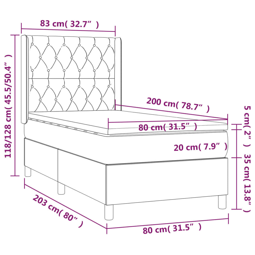 vidaXL kontinentaalvoodi madratsiga ja LED, kreemjas, 80x200 cm, kangas hind ja info | Voodid | kaup24.ee