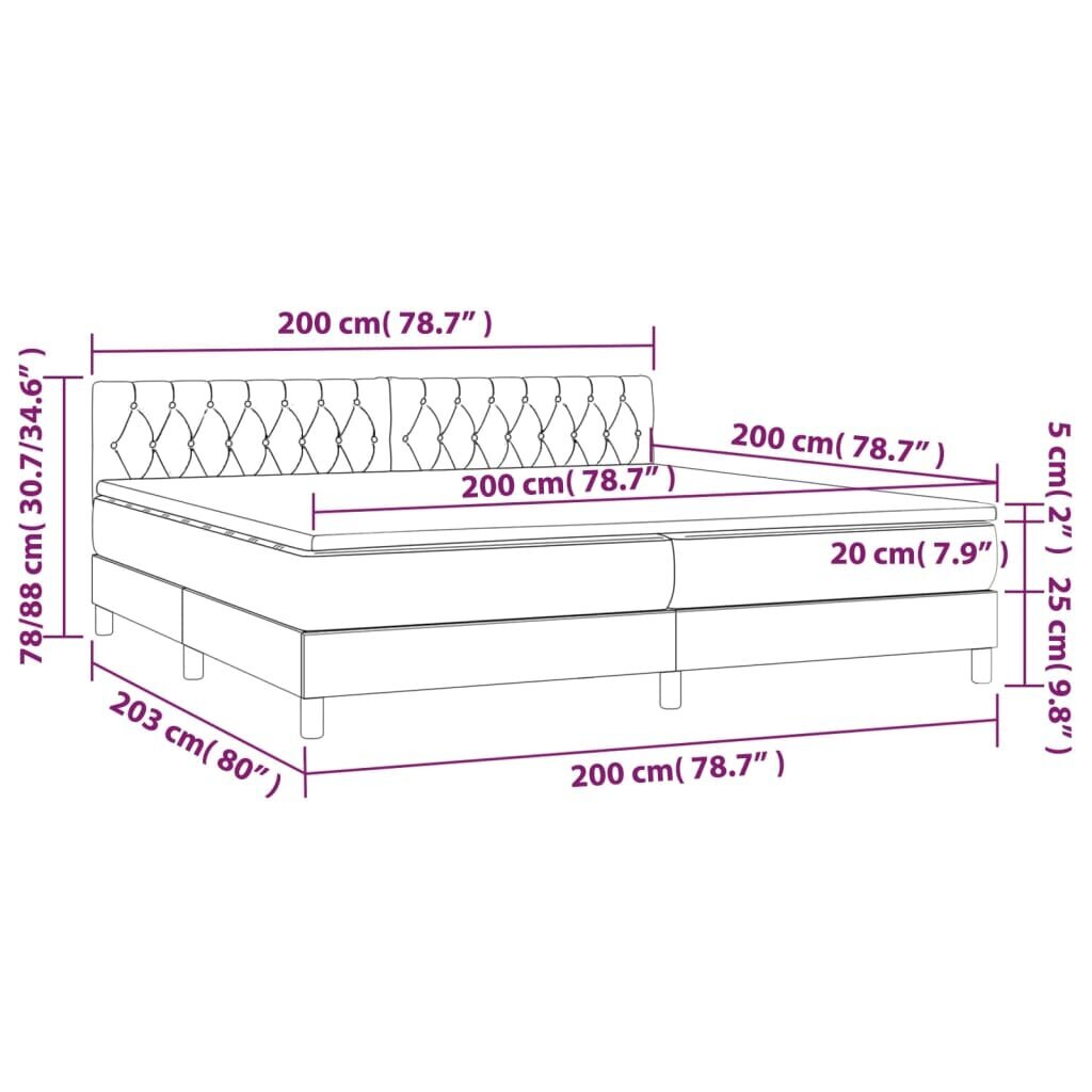 vidaXL kontinentaalvoodi madratsiga ja LED, tumepruun, 200x200 cm, kangas hind ja info | Voodid | kaup24.ee