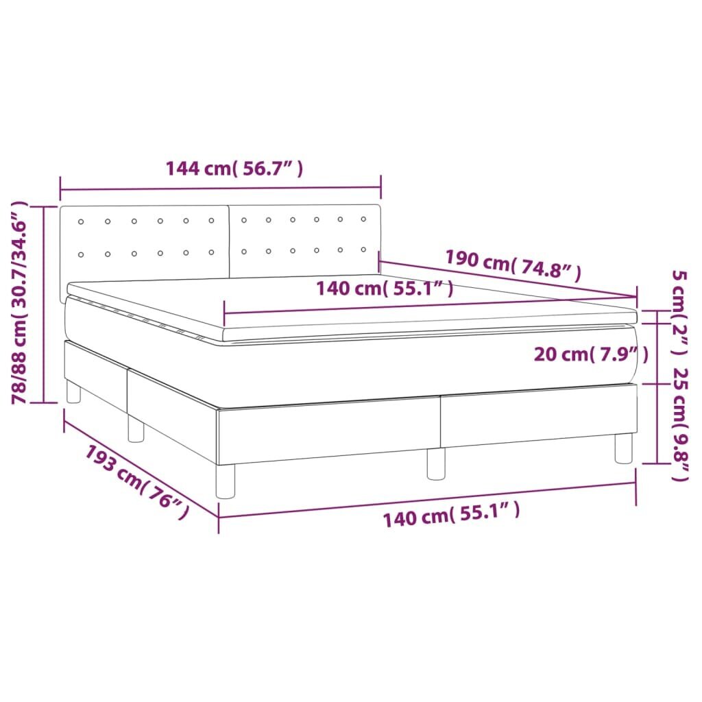 vidaXL kontinentaalvoodi madratsiga ja LED, tumepruun, 140x190 cm, kangas цена и информация | Voodid | kaup24.ee