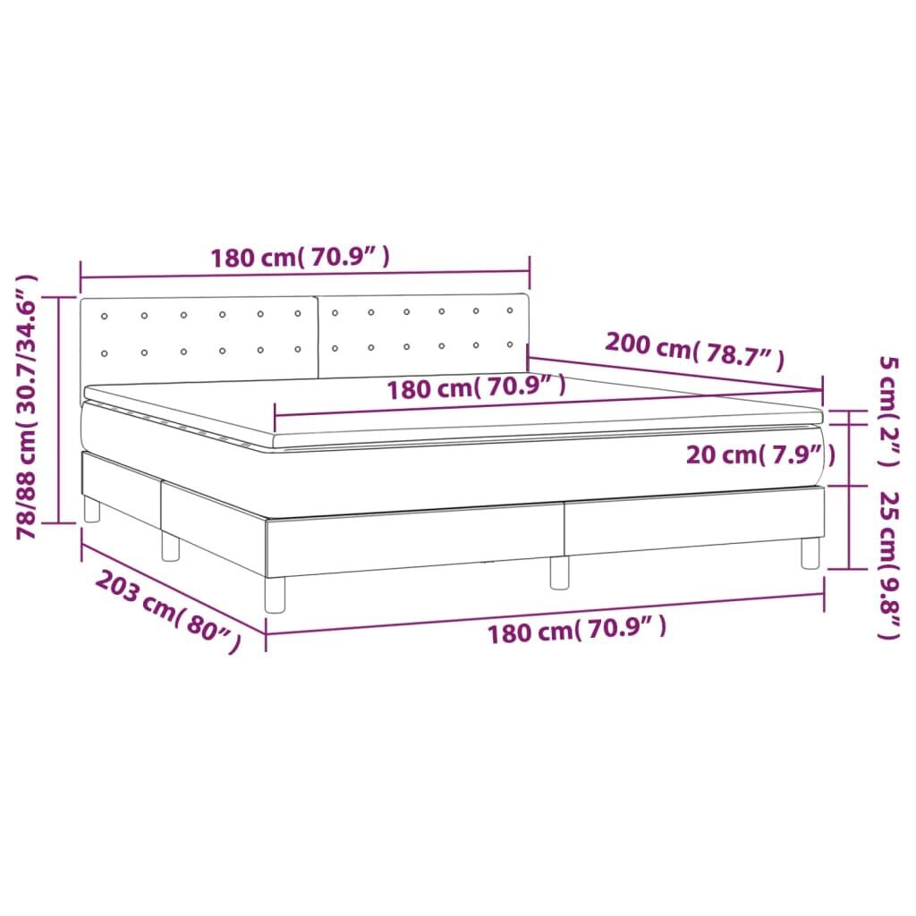 vidaXL kontinentaalvoodi madratsiga ja LED, tumepruun, 180x200 cm, kangas hind ja info | Voodid | kaup24.ee