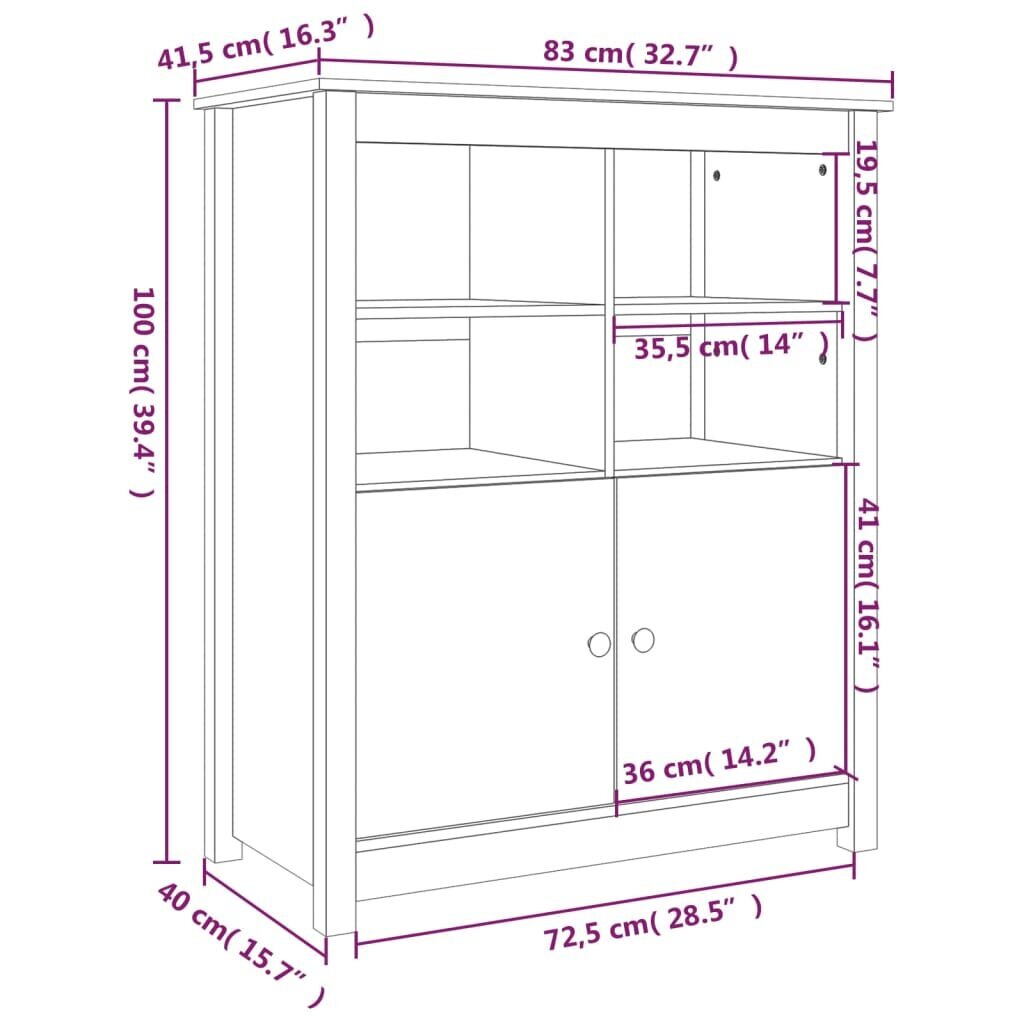 vidaXL puhvetkapp, hall, 83 x 41,5 x 100 cm, männipuit hind ja info | Elutoa väikesed kapid | kaup24.ee