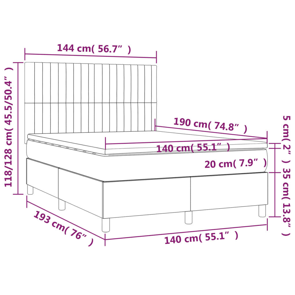 vidaXL kontinentaalvoodi madrats ja LED, pruunikas, 140x190 cm, kangas hind ja info | Voodid | kaup24.ee