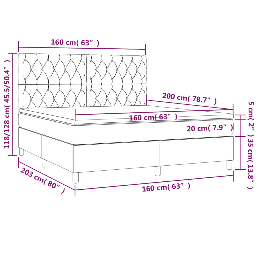 vidaXL kontinentaalvoodi madratsiga ja LED, tumehall, 160x200 cm, kangas цена и информация | Voodid | kaup24.ee