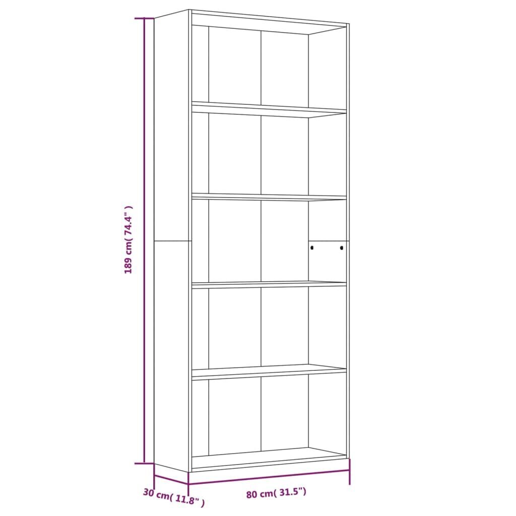 vidaXL 5 riiuliga raamaturiiul, pruun tamm, 80 x 30 x 189 cm hind ja info | Riiulid | kaup24.ee