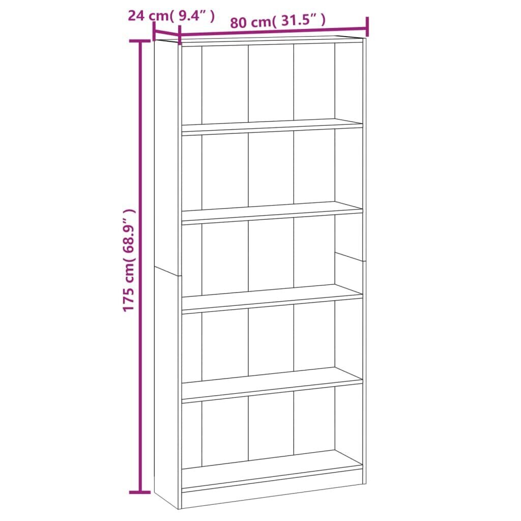 vidaXL 5 riiuliga raamaturiiul, hall Sonoma tamm, 80 x 24 x 175 cm цена и информация | Riiulid | kaup24.ee