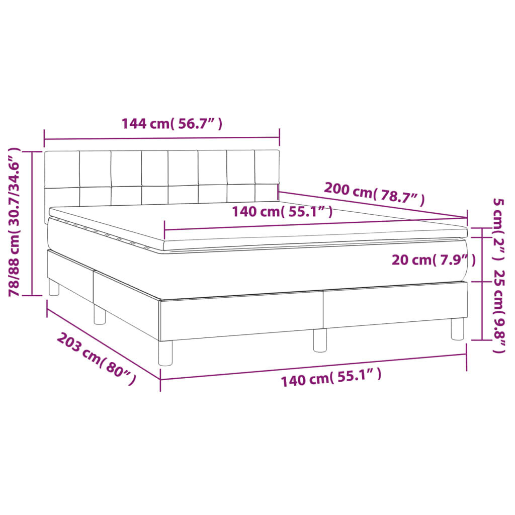 vidaXL kontinentaalvoodi madratsiga, tumehall, 140x200 cm, samet цена и информация | Voodid | kaup24.ee