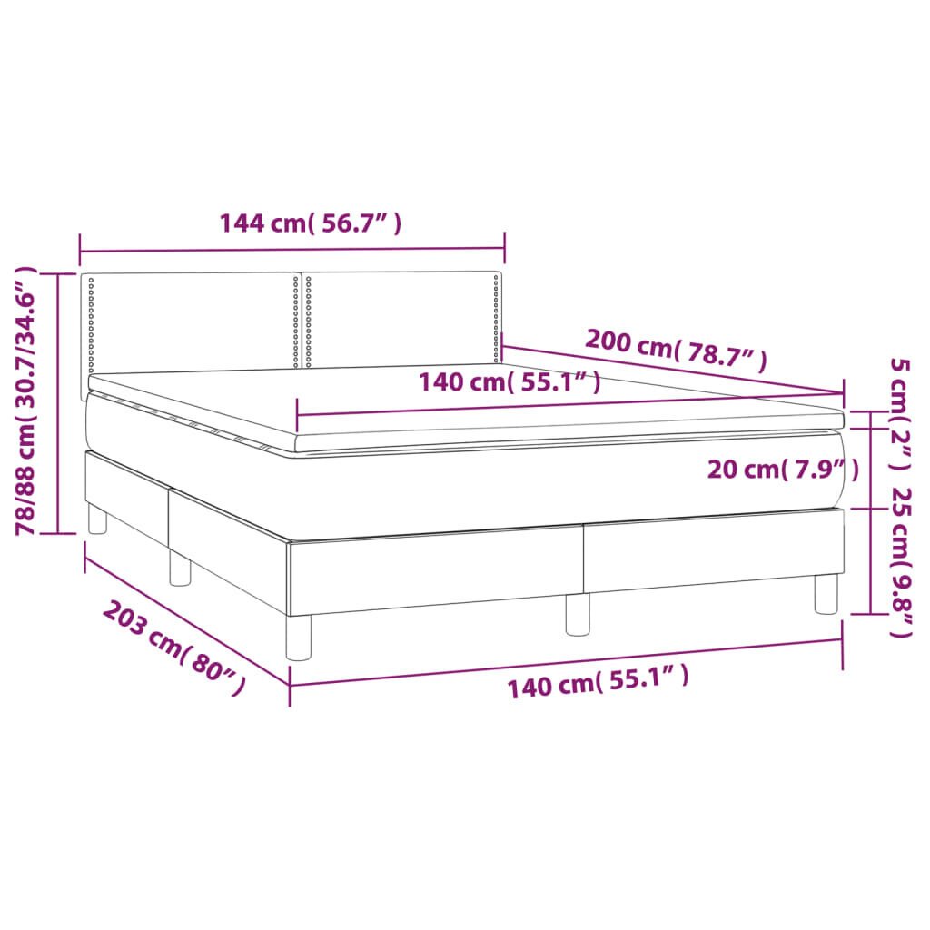 vidaXL kontinentaalvoodi madratsiga, LED, tumeroheline, 140x200 cm, samet цена и информация | Voodid | kaup24.ee