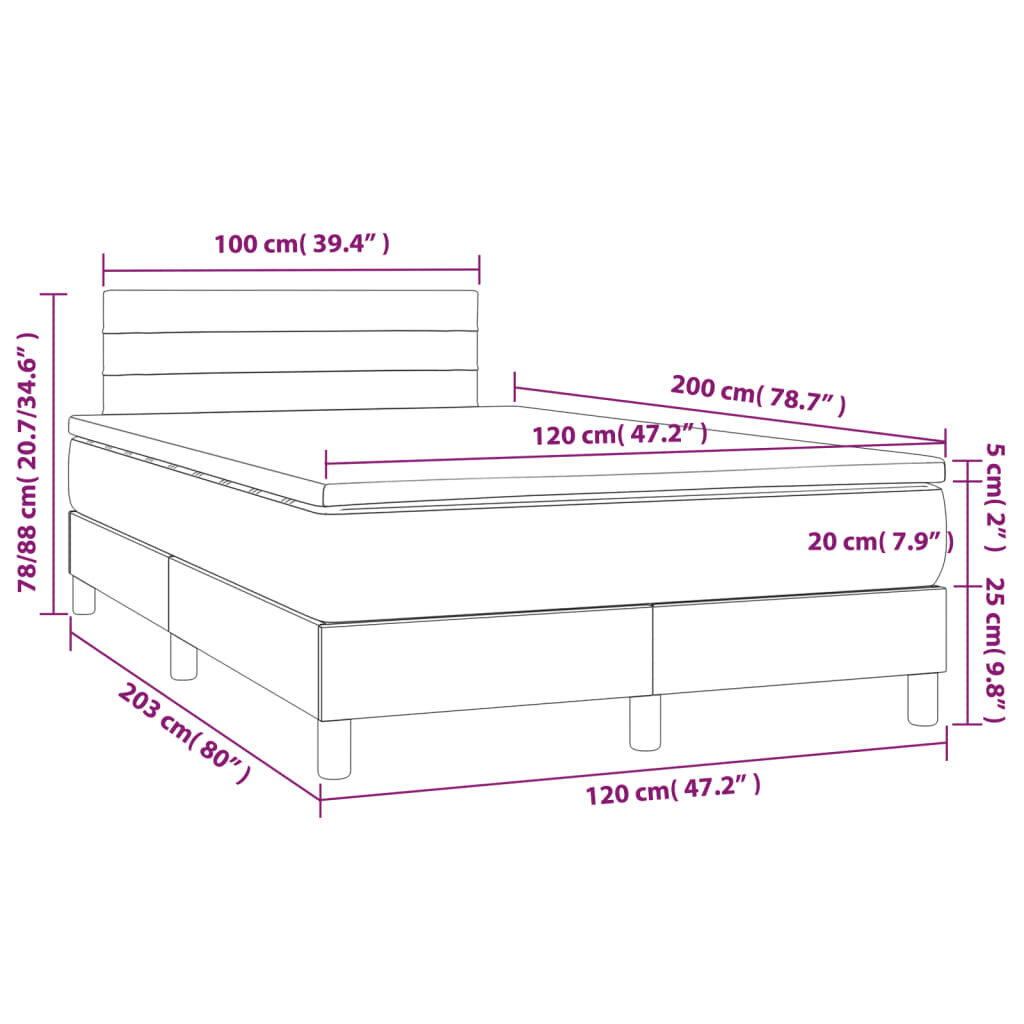 vidaXL kontinentaalvoodi madratsiga ja LED, must, 120x200 cm, samet hind ja info | Voodid | kaup24.ee