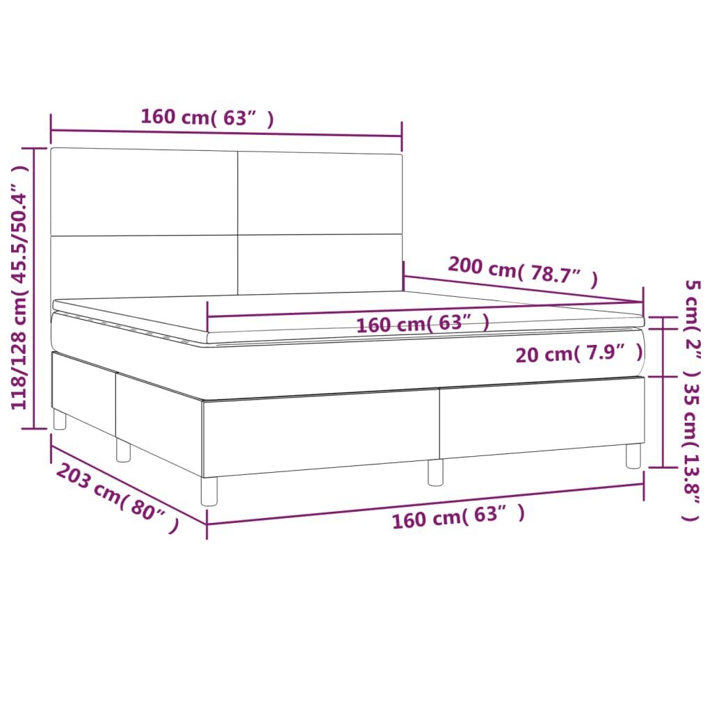 vidaXL kontinentaalvoodi madratsiga ja LED, must, 160x200 cm, kangas hind ja info | Voodid | kaup24.ee