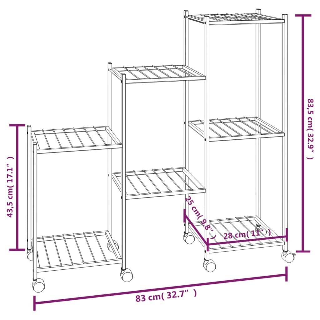 vidaXL lillealus ratastel, 83 x 25 x 83,5 cm, must, raud цена и информация | Vaasid, alused, redelid lilledele | kaup24.ee