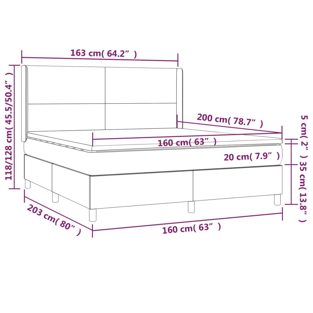 vidaXL kontinentaalvoodi madratsiga ja LED, tumepruun, 160x200 cm, kangas цена и информация | Voodid | kaup24.ee