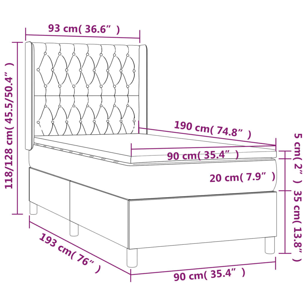 vidaXL kontinentaalvoodi madratsiga ja LED, helehall, 90x190 cm, kangas цена и информация | Voodid | kaup24.ee