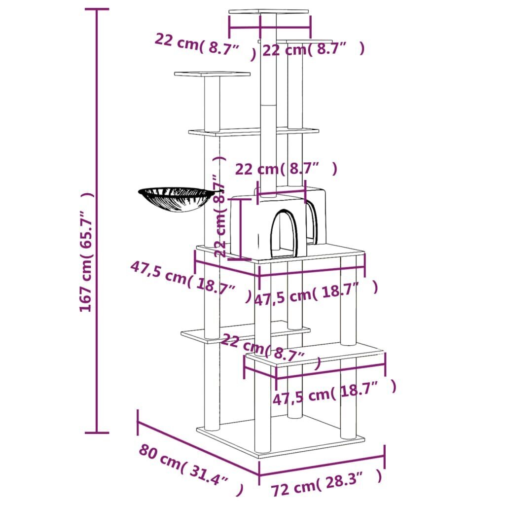 vidaXL kassimaja sisalköitega kraapimispuuga, kreemjas, 167 cm hind ja info | Kassi kraapimispuud | kaup24.ee