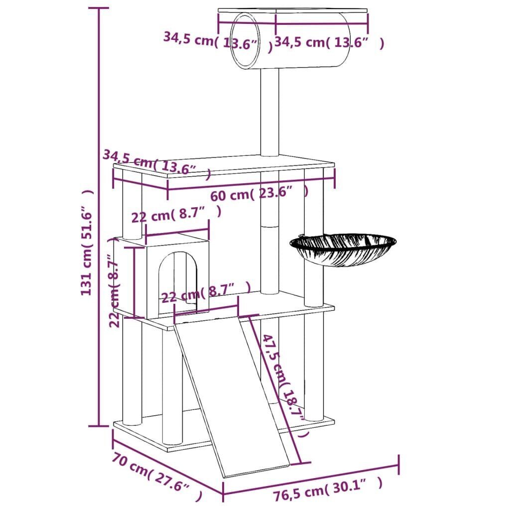 vidaXL kassimaja sisalköitega kraapimispuuga, kreemjas, 131 cm цена и информация | Kassi kraapimispuud | kaup24.ee