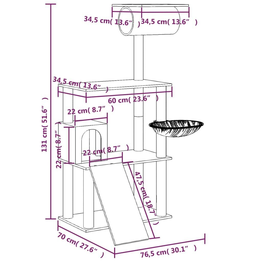 vidaXL kassimaja sisalköitega kraapimispuudega, helehall, 131 cm цена и информация | Kassi kraapimispuud | kaup24.ee