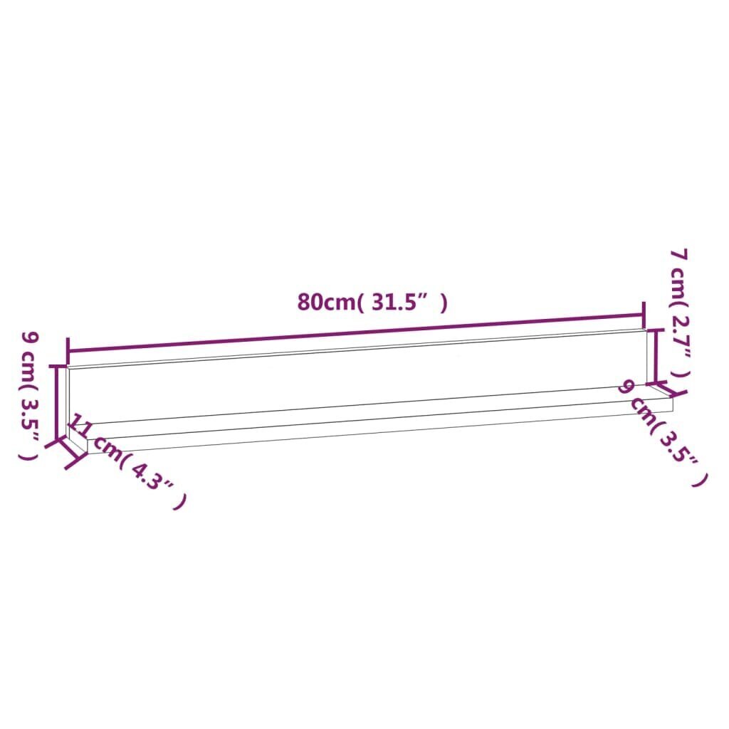 vidaXL seinariiulid 2 tk, hall, 80x11x9 cm, männipuit hind ja info | Riiulid | kaup24.ee